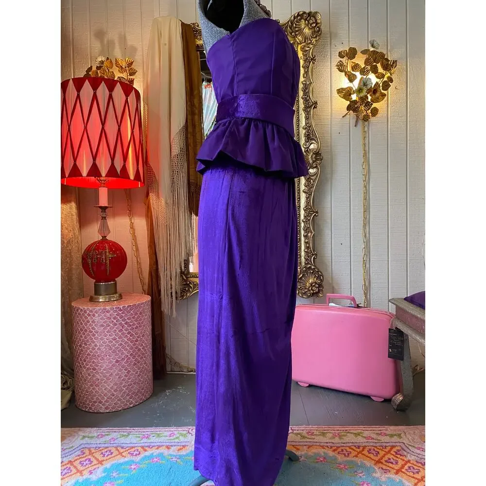 vintage 1970s 3 piece set, purple velvet maxi skirt, peplum bustier, 70s formal
